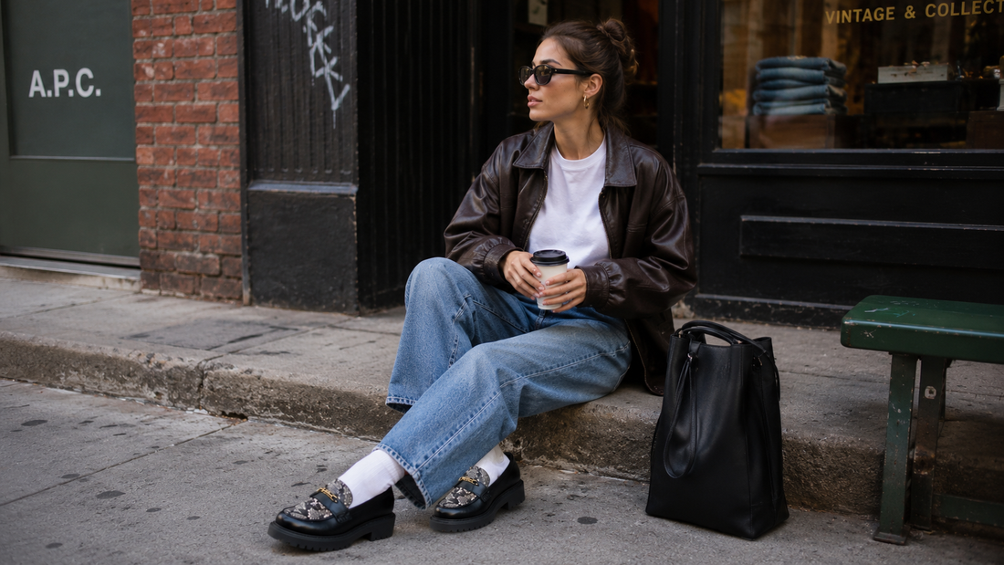 woman wearing platform loafers with jeans and blazer