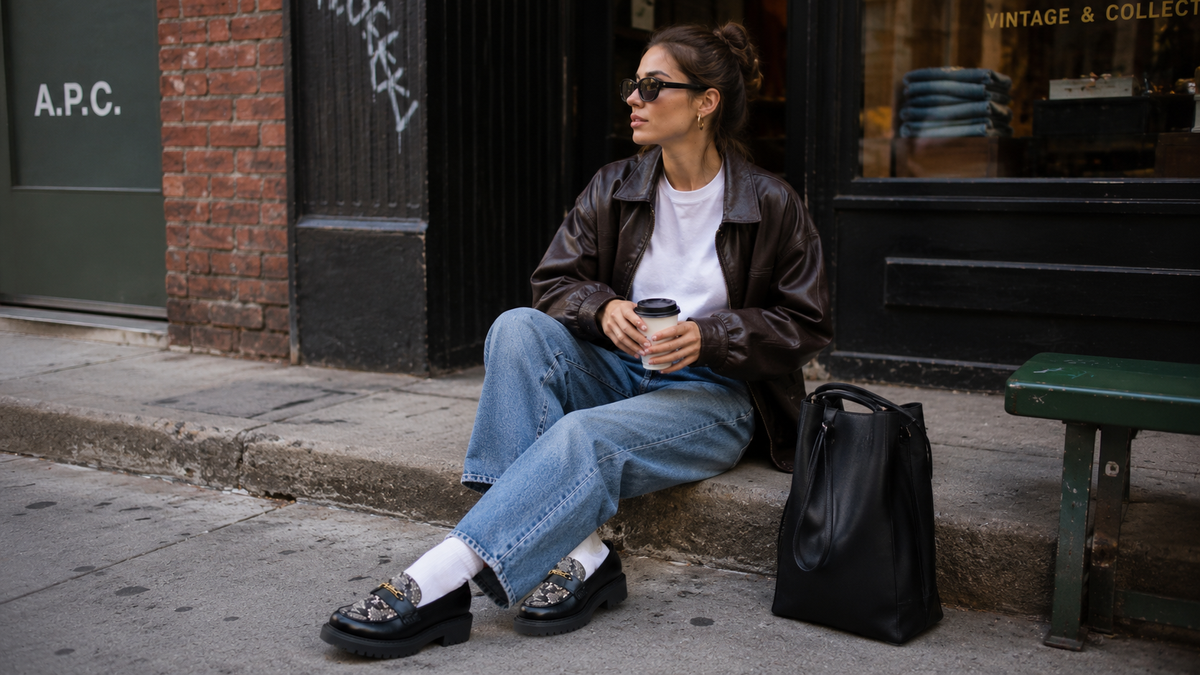 woman wearing platform loafers with jeans and blazer