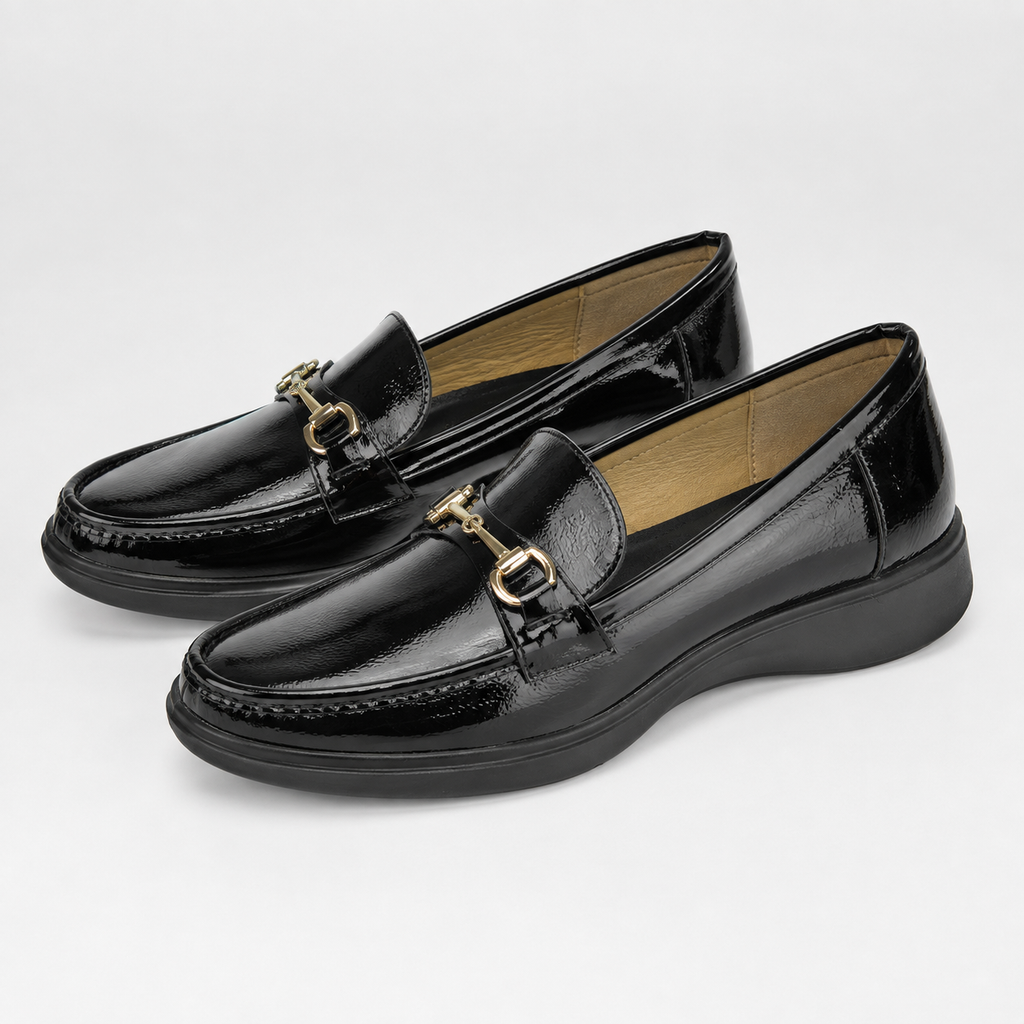 Women's black patent horsebit loafers with gold-tone hardware