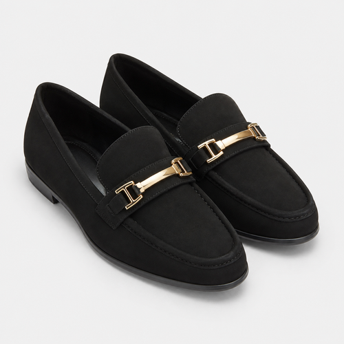 Women's black loafers with gold-tone metal hardware