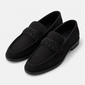 black loafers with woven vamp detail