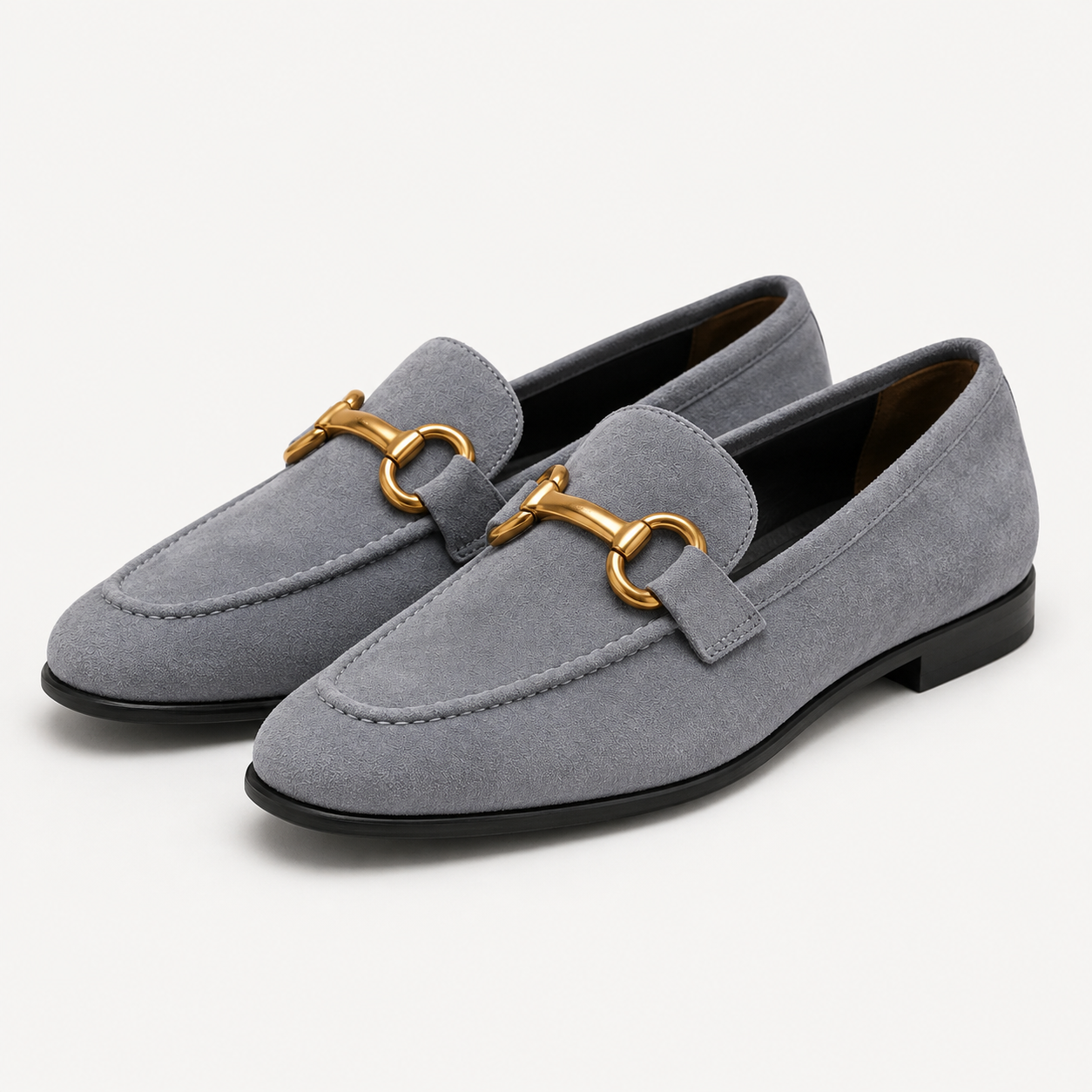 Women's gray horsebit loafers with gold-tone hardware