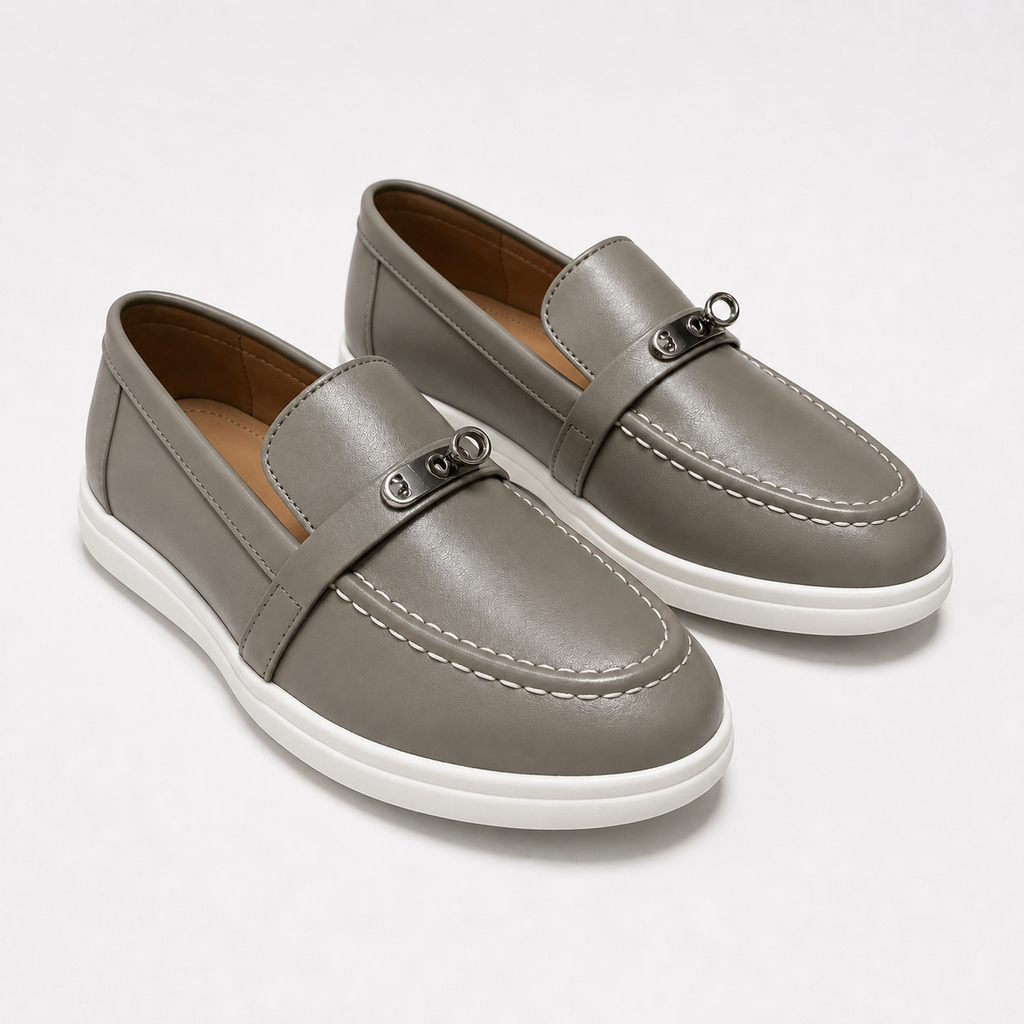 Women's taupe casual loafers with metal accents