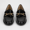 Women's black patent horsebit loafers with gold-tone hardware