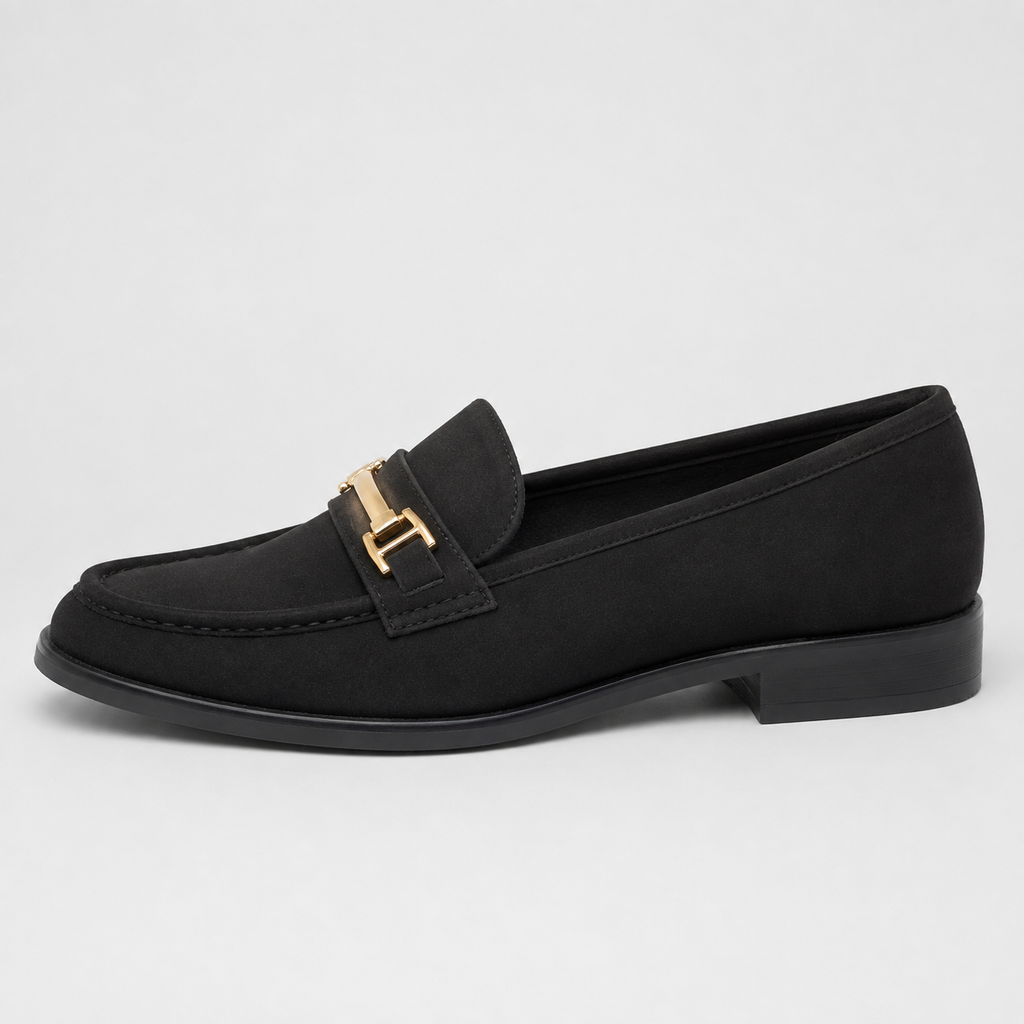 Side view of women's black metal accent loafers