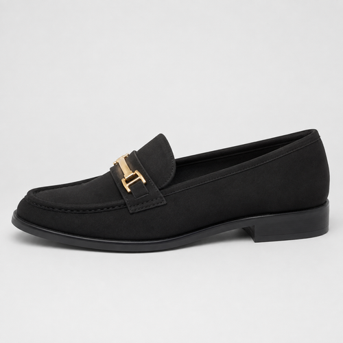 Side view of women's black metal accent loafers
