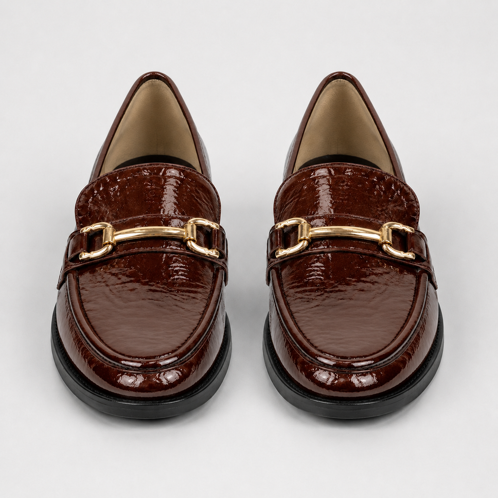 Women's brown patent horsebit loafers with gold-tone hardware