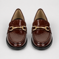 Women's brown patent horsebit loafers with gold-tone hardware