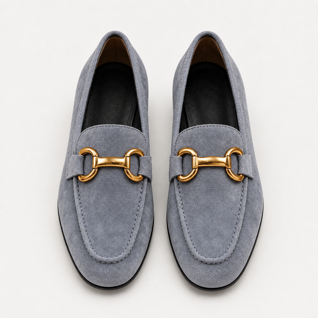 Women's gray horsebit loafers with gold-tone hardware
