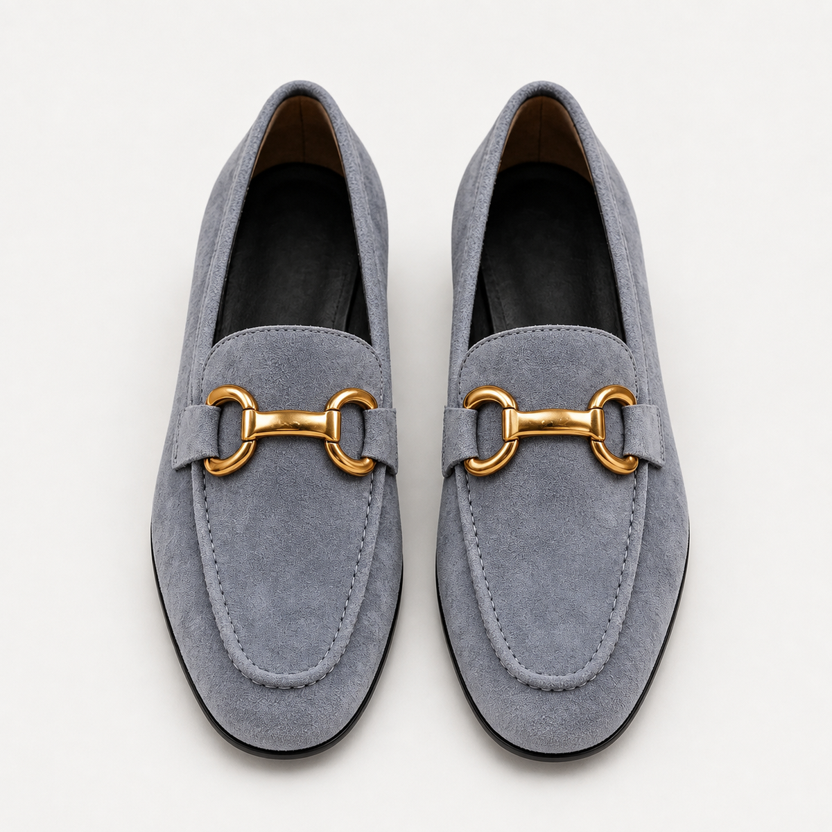 Women's gray horsebit loafers with gold-tone hardware
