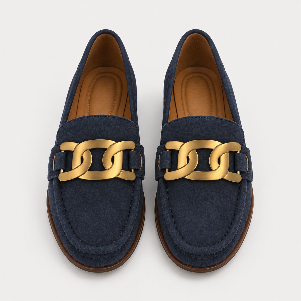 Women's navy chain loafers with gold-tone hardware