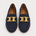 Women's navy chain loafers with gold-tone hardware