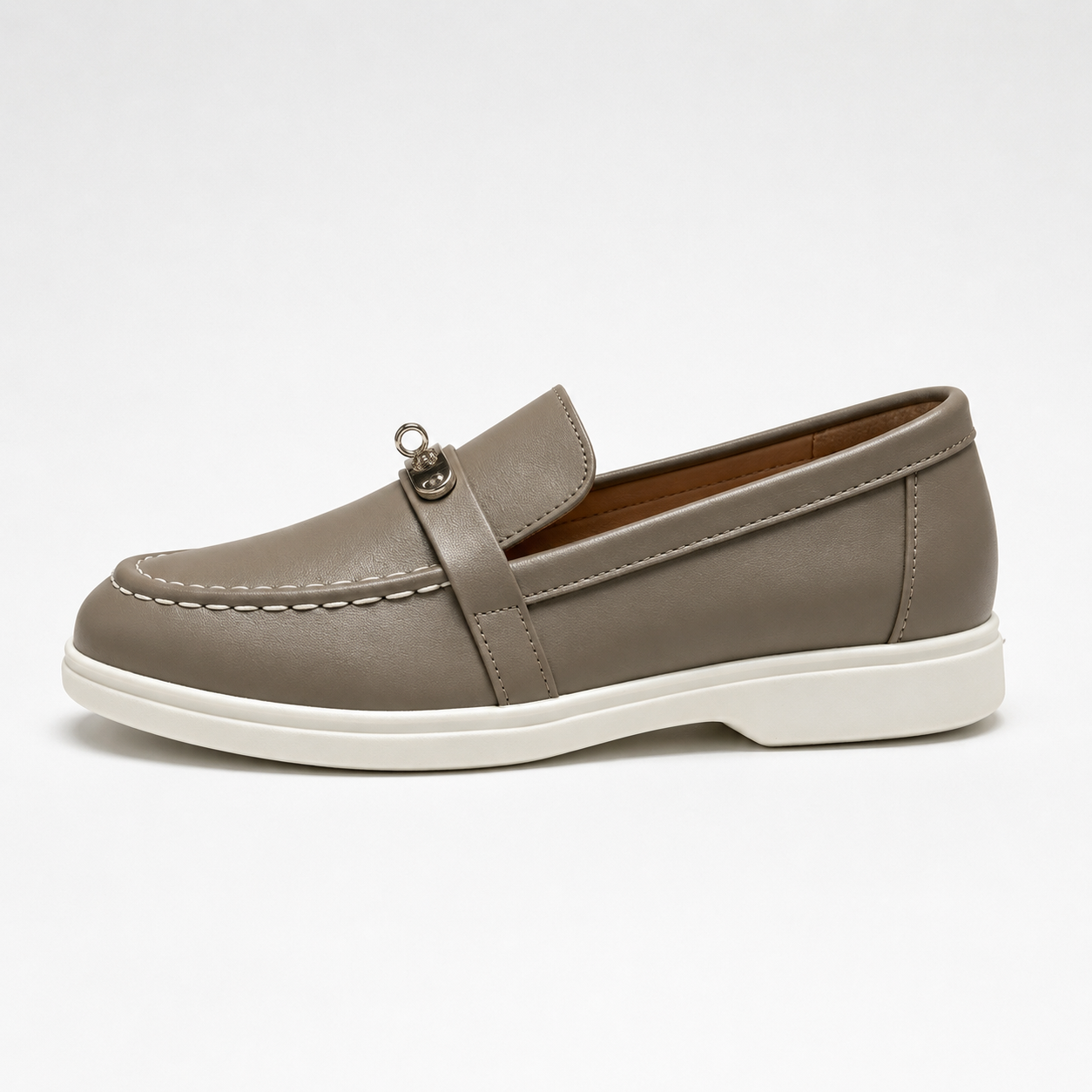 Side view of women's taupe casual loafers