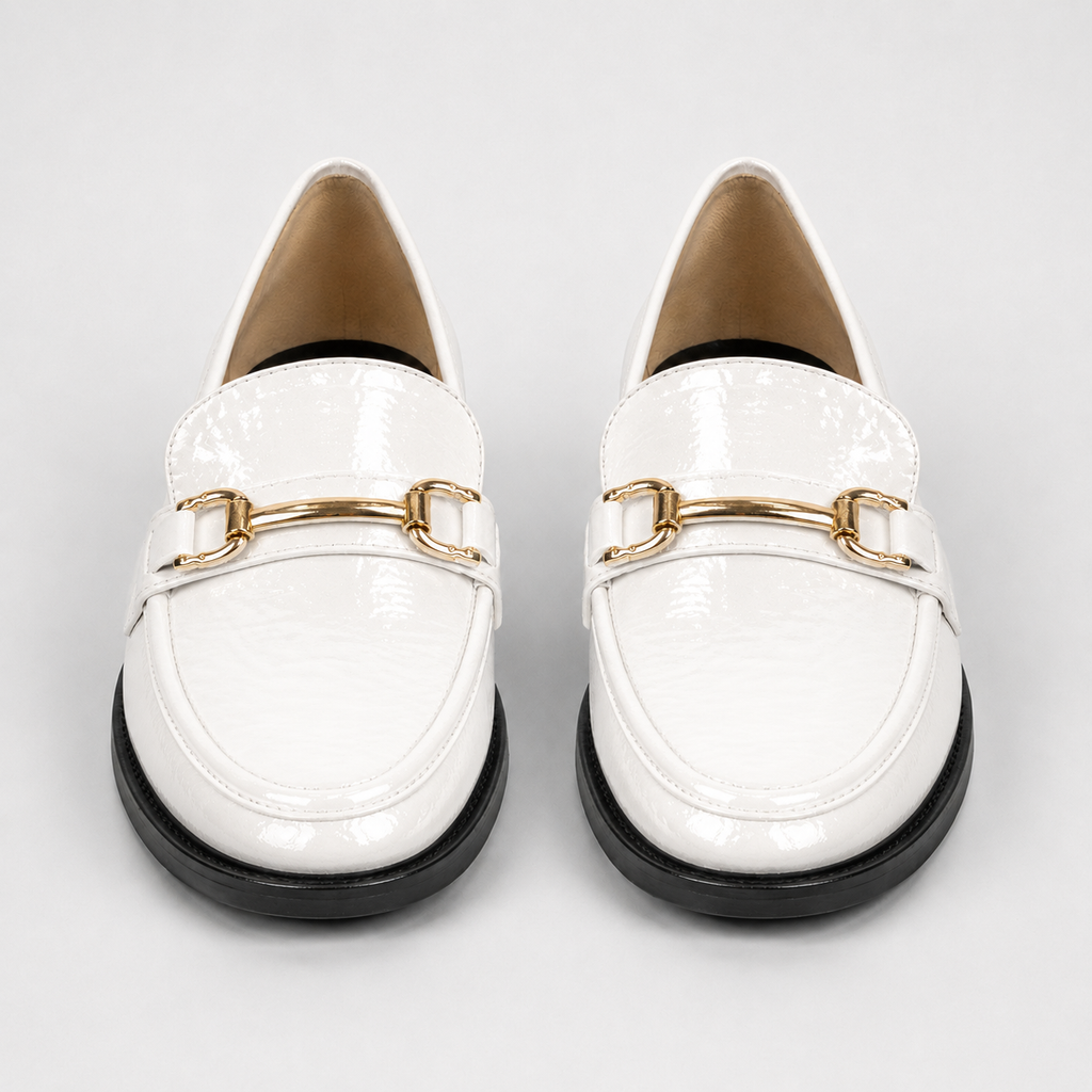 Women's white patent horsebit loafers with gold-tone hardware
