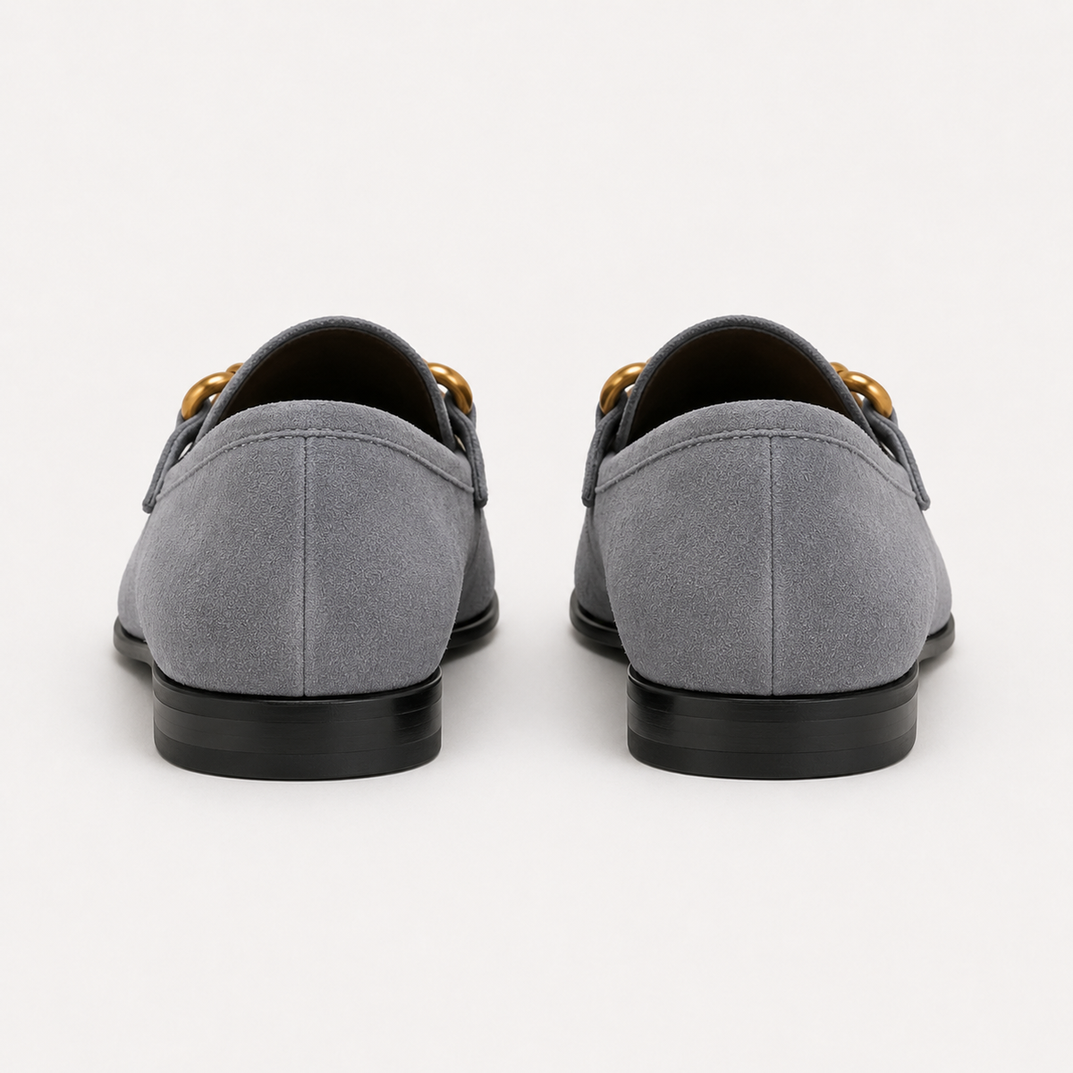 Women's gray horsebit loafers with back view