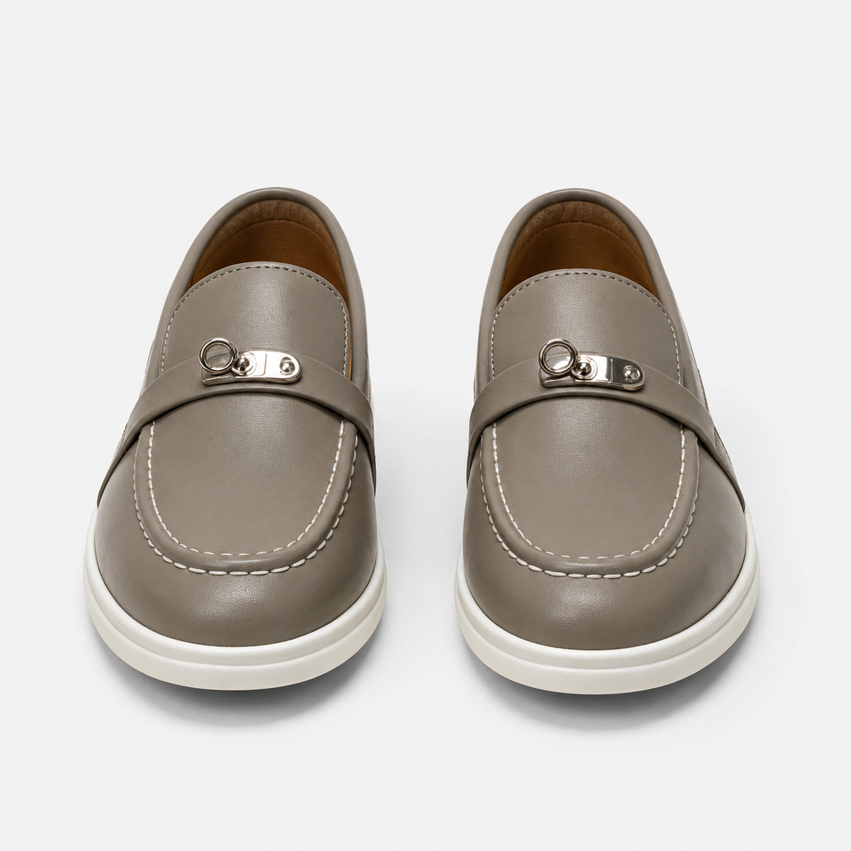 Women's taupe casual loafers with metal accents
