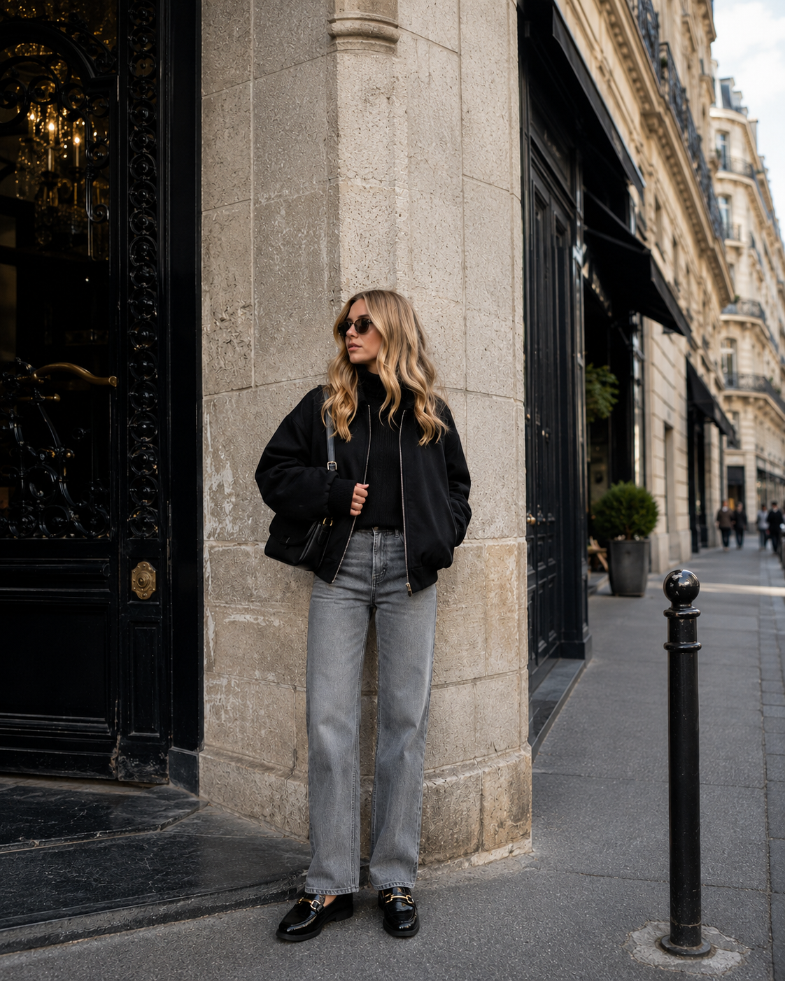 Women's black patent horsebit loafers styled with jeans