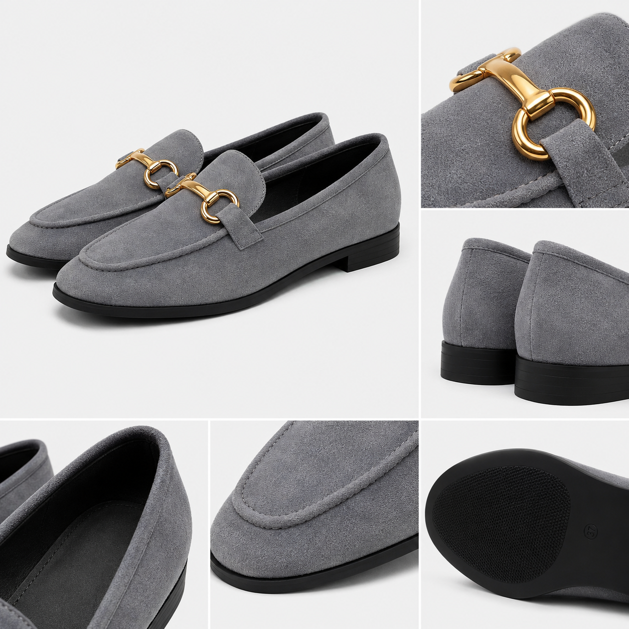 Gold-tone horsebit detail on women's gray loafers