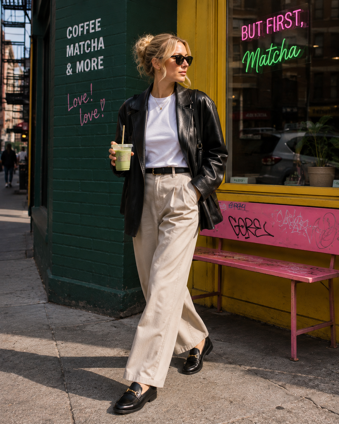Women's black loafers styled with Casual trousers