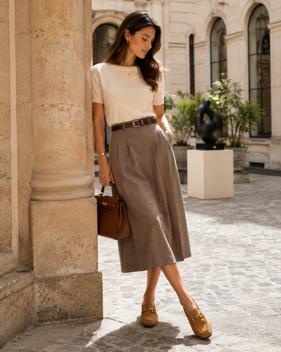 Women's brown horsebit loafers styled with skirt