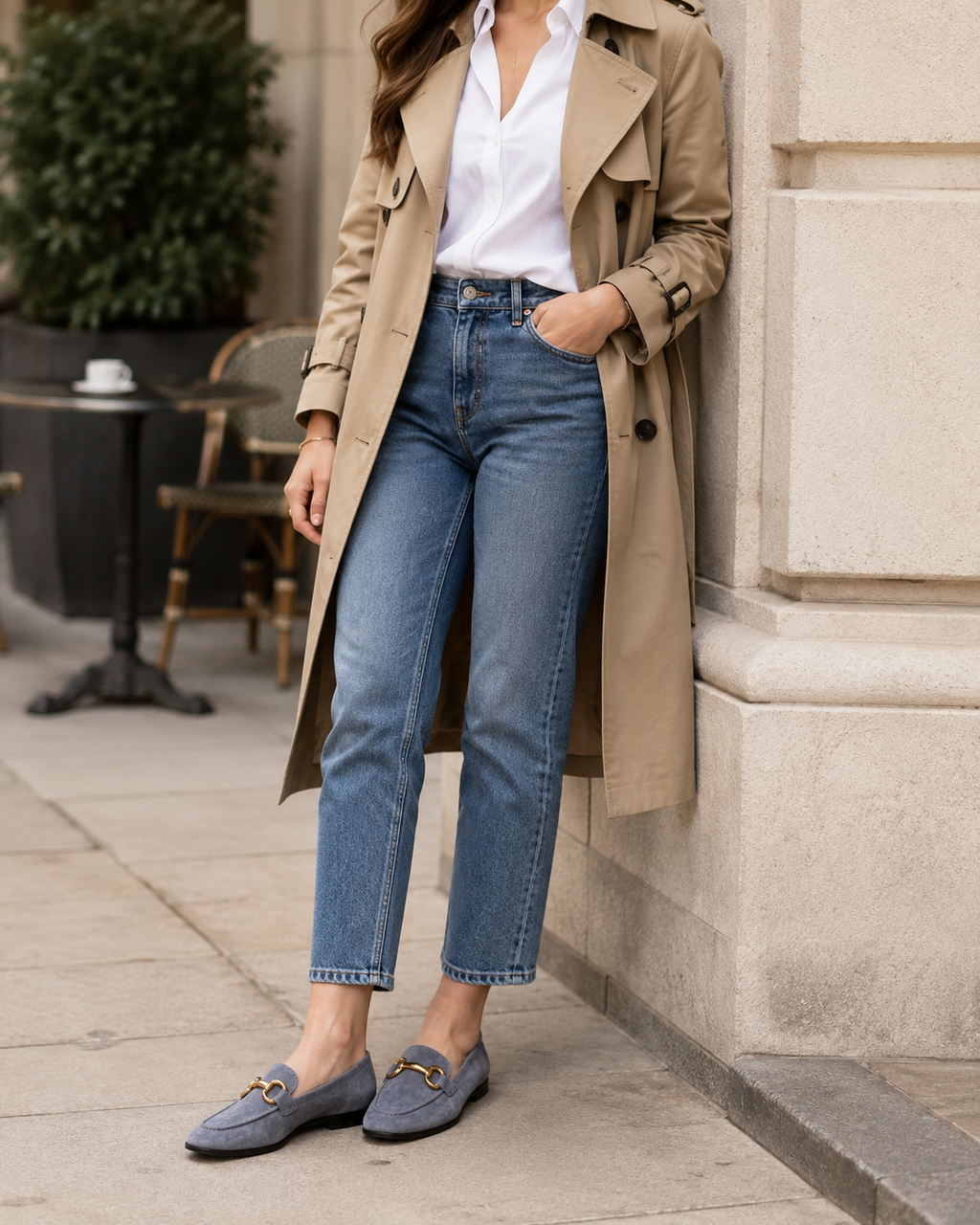 Women's gray horsebit loafers styled with jeans