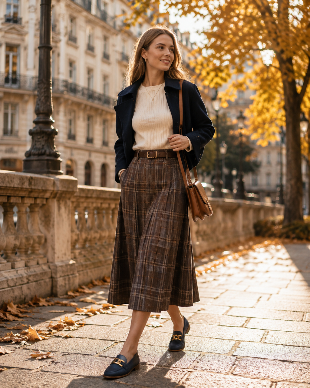 Women's navy chain loafers styled with a skirt
