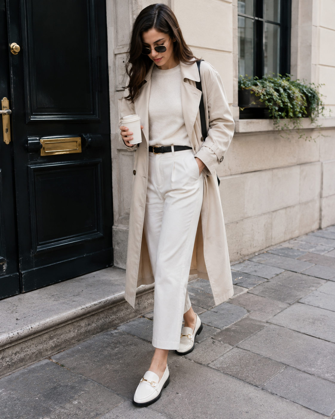 Women's white patent horsebit loafers styled with jeans