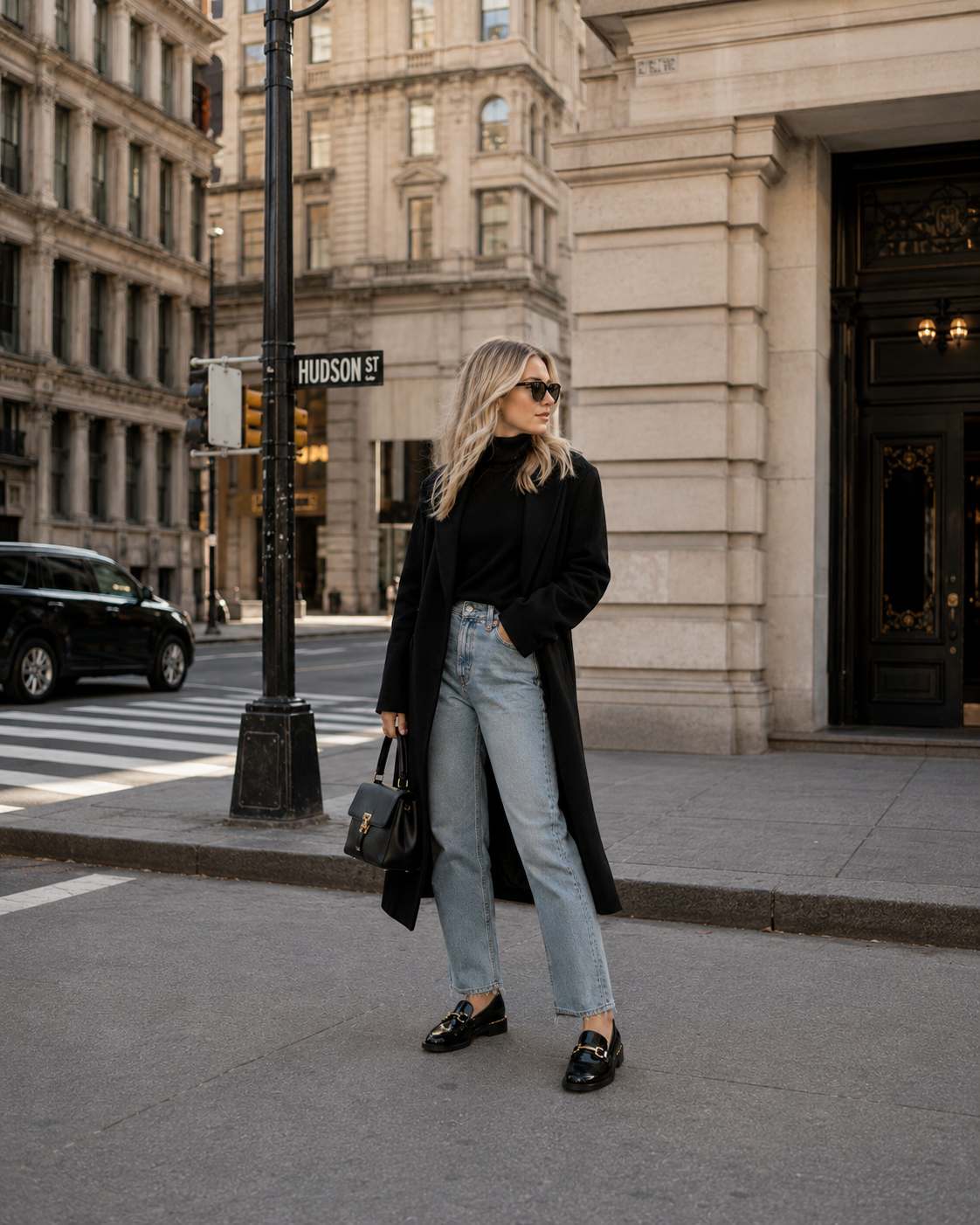 Women's black patent horsebit loafers styled with jeans