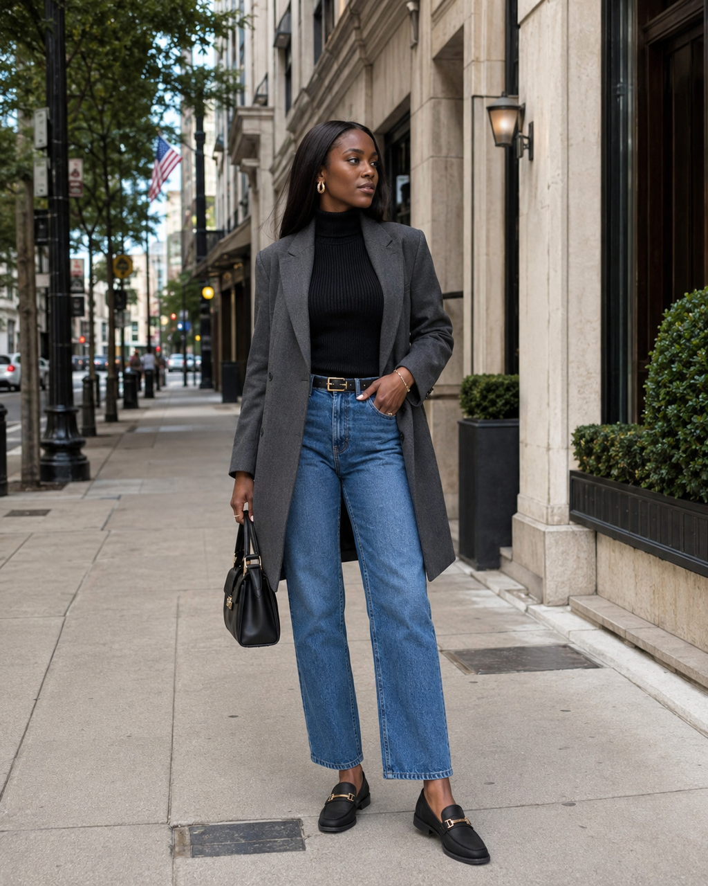 Women's black loafers styled with jeans