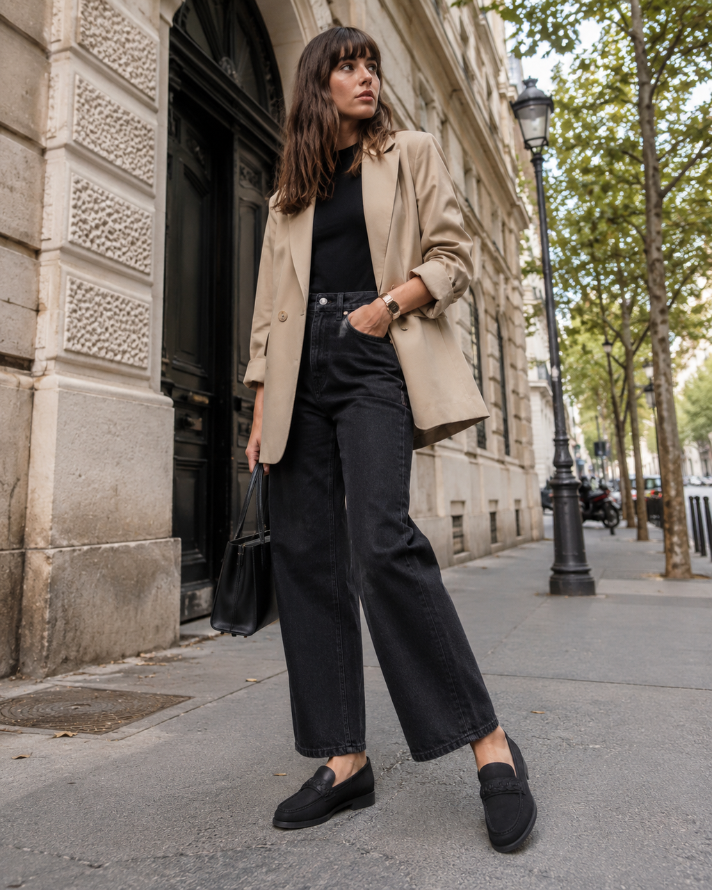 Women's black woven detail loafers styled with jeans