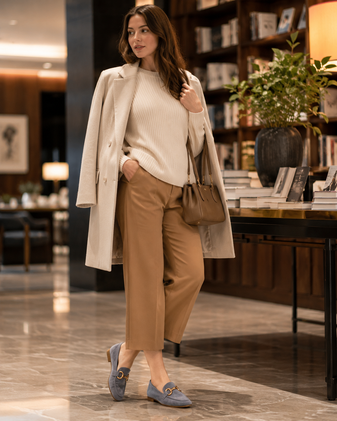 Women's gray horsebit loafers styled Formal trousers
