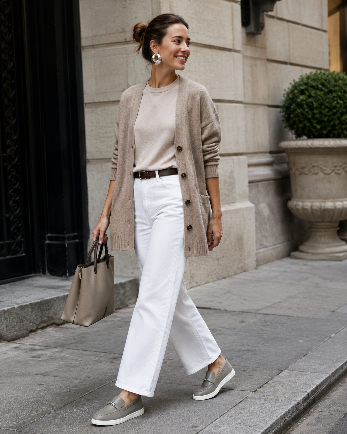 Women's taupe loafers styled with jeans