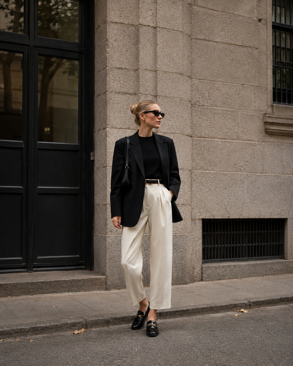 Women's black patent horsebit loafers styled with jeans