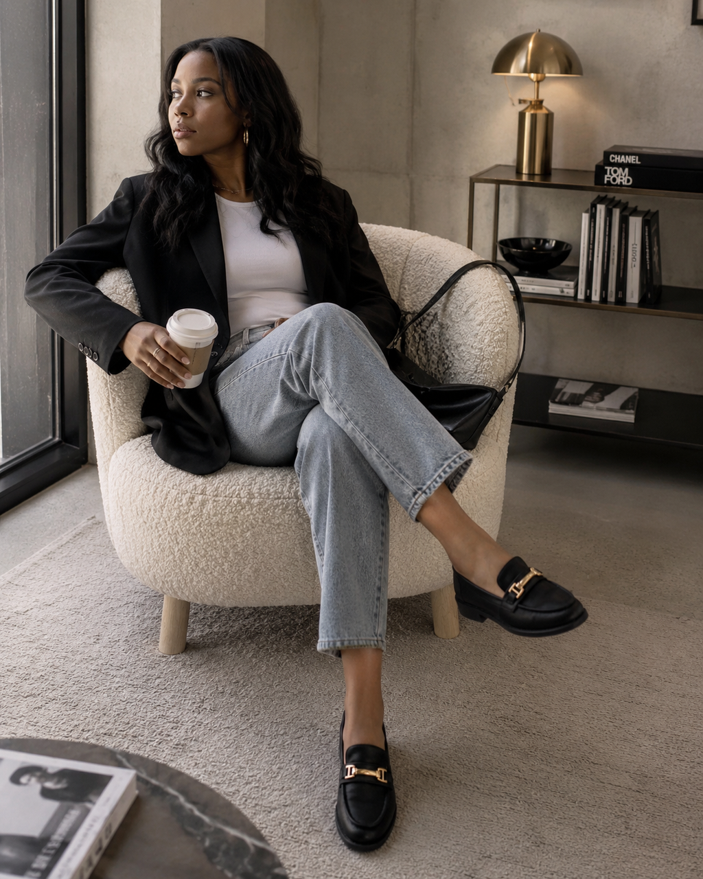 Women's black loafers styled with jeans