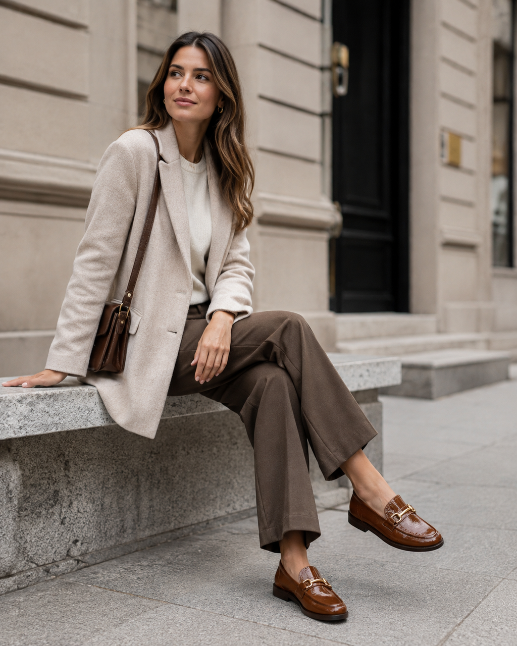 Women's brown patent horsebit loafers styled with Formal trousers