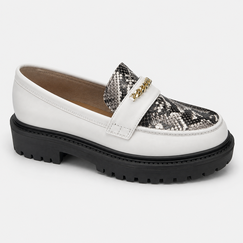 White snakeskin platform loafers with gold-tone chain detail, angled view