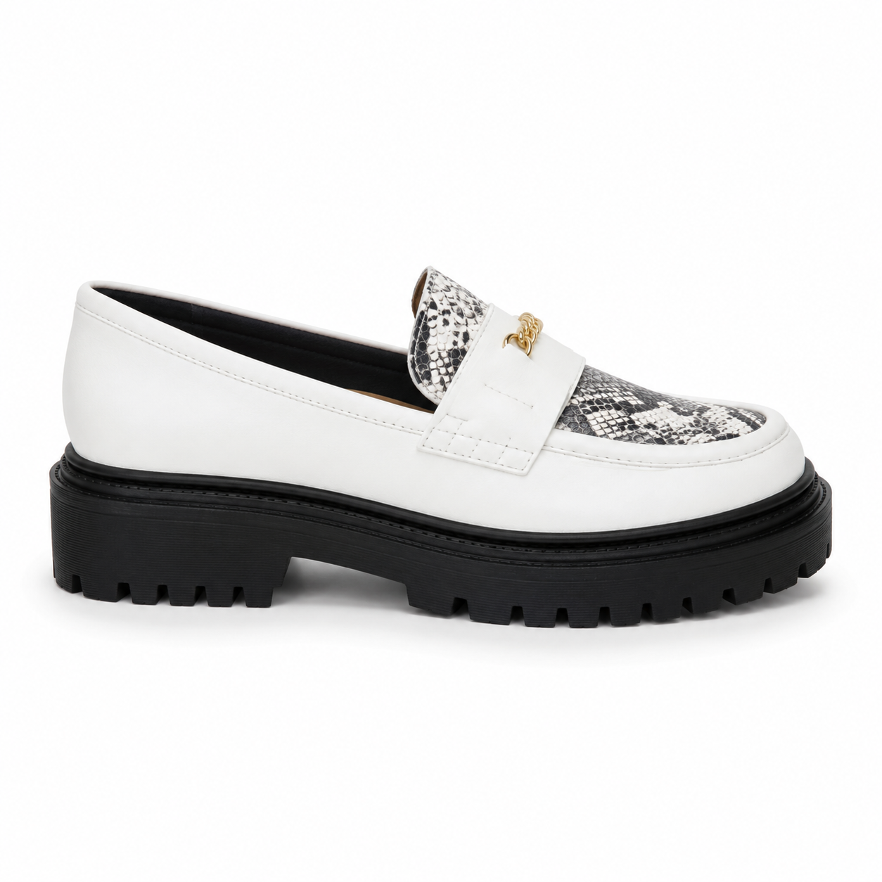 Side view of white platform loafers with snakeskin panels and chunky black sole
