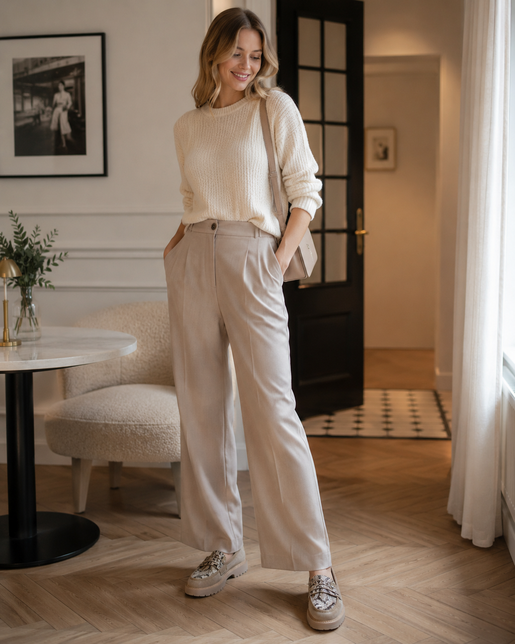 Beige platform loafers styled with swerter for a casual women's outfit