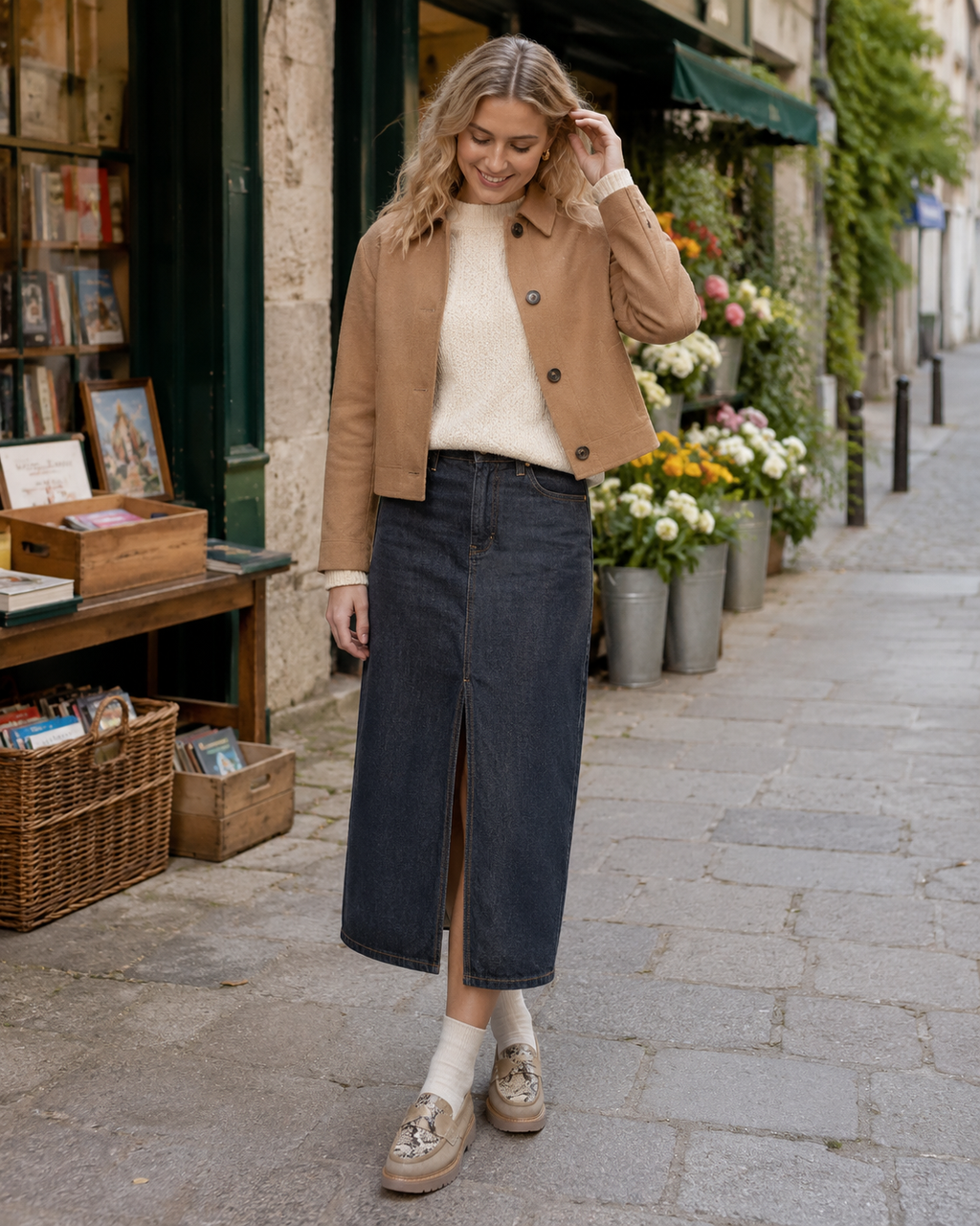 Beige platform loafers styled with dress for a casual women's outfit