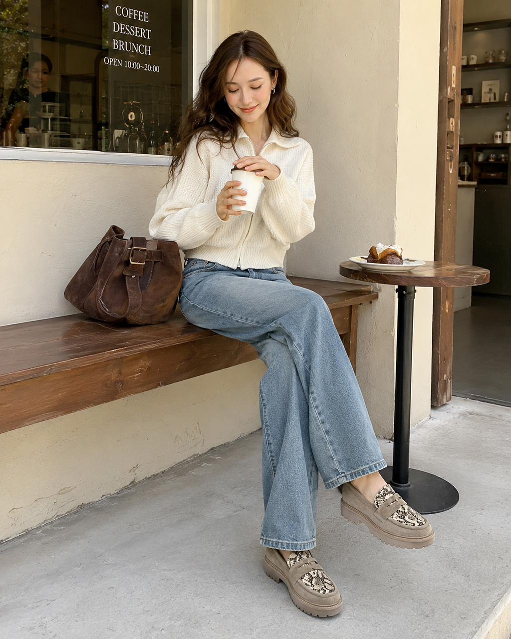 Beige platform loafers styled with jeans for a casual women's outfit