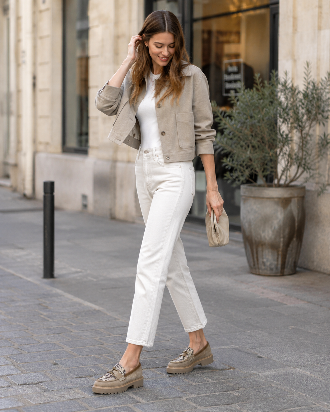 Beige platform loafers styled with jeans for a casual women's outfit