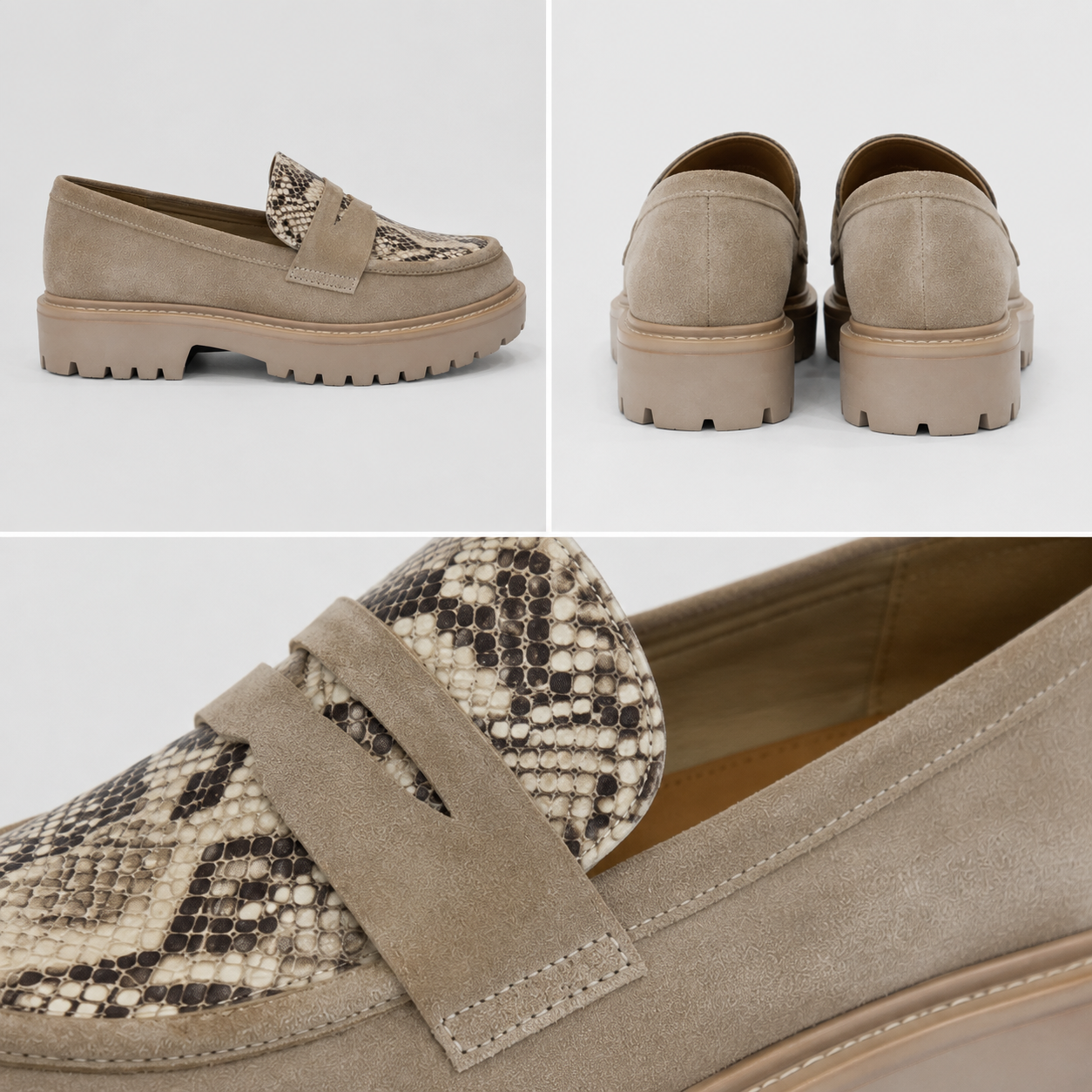 Close-up of beige platform loafers with snakeskin-inspired upper detail