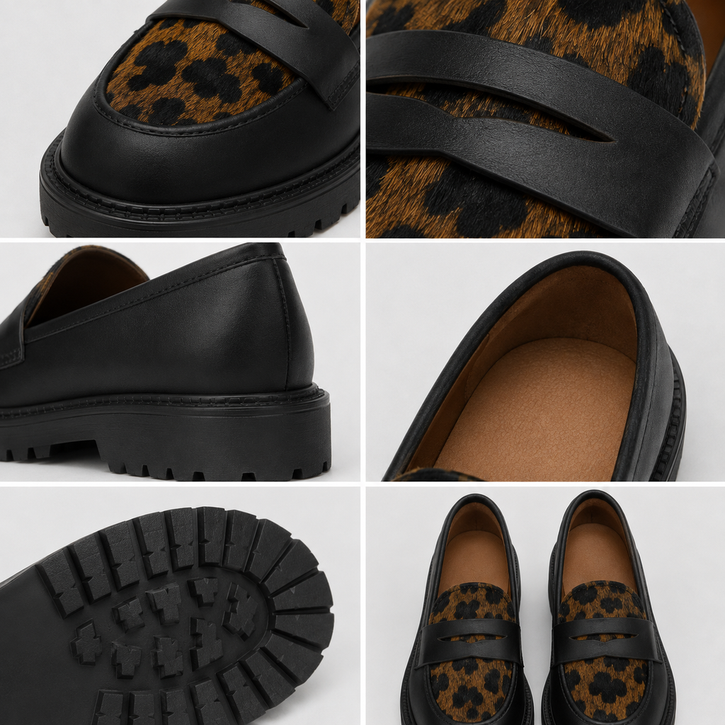 Close-up of leopard-print panels on black platform loafers
