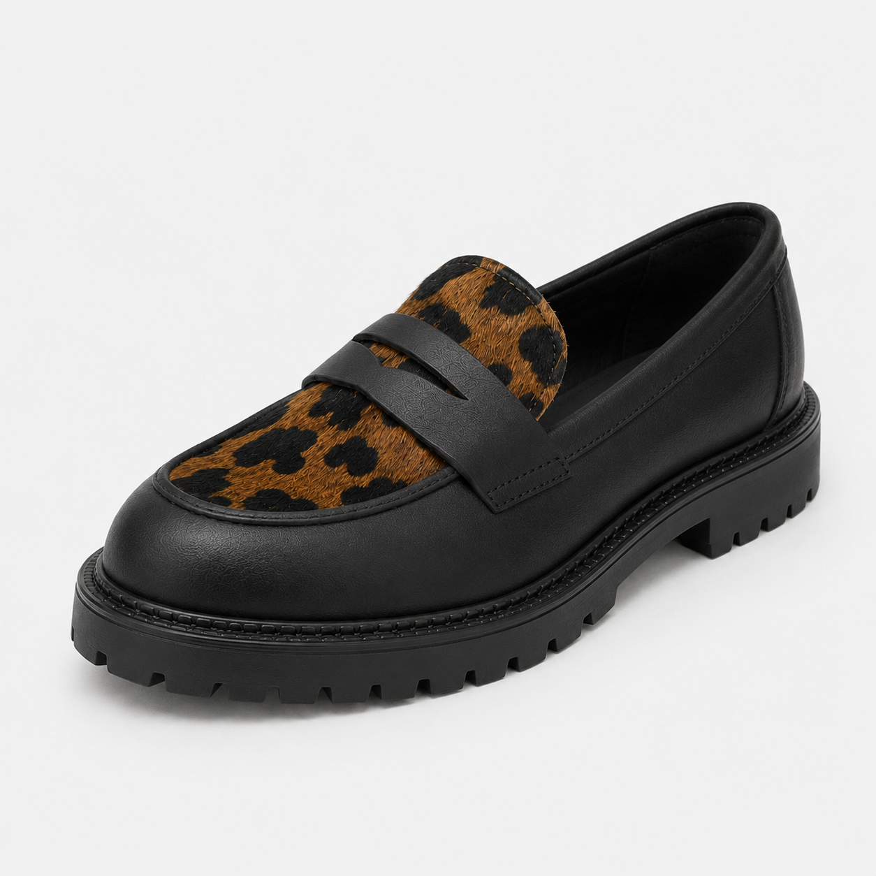 Black platform loafers with leopard-print panels, angled view