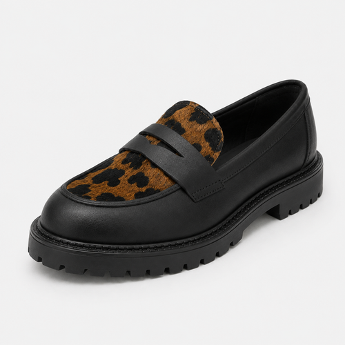 Black platform loafers with leopard-print panels, angled view
