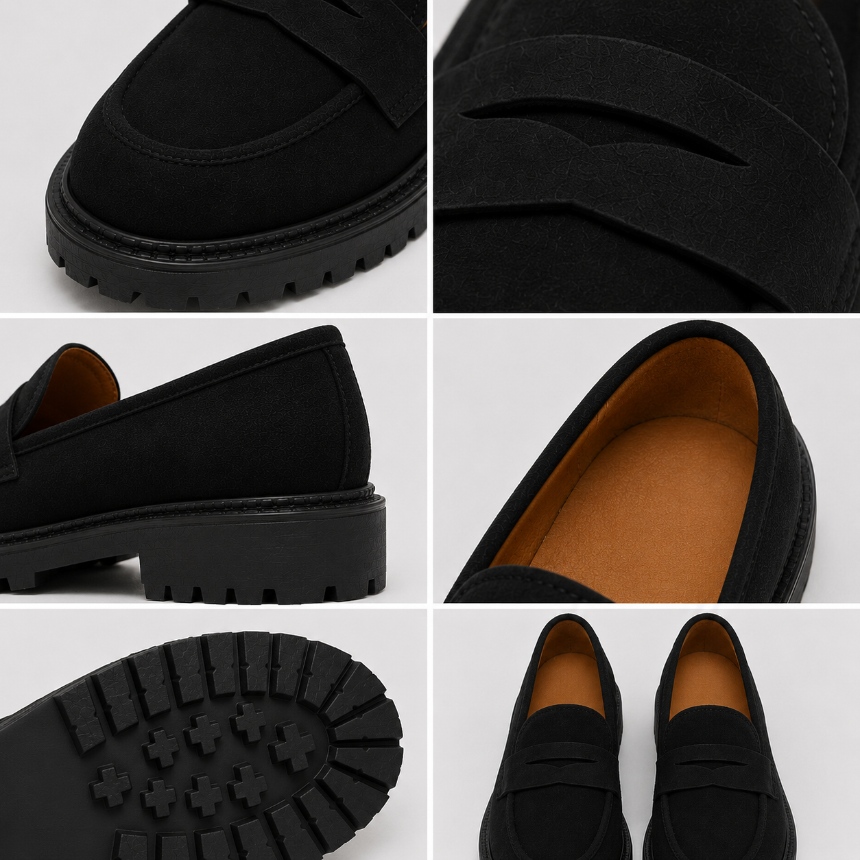 Close-up of the penny strap and textured upper on black platform loafers