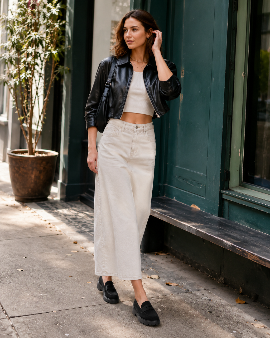 Black platform penny loafers styled with a skirt for an everyday look
