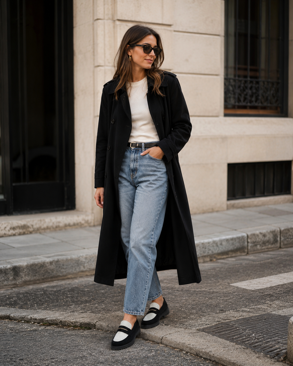 Black platform loafers styled with light blue jeans and a long black coat