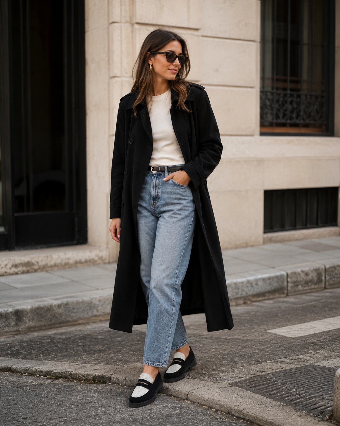 Black platform loafers styled with light blue jeans and a long black coat