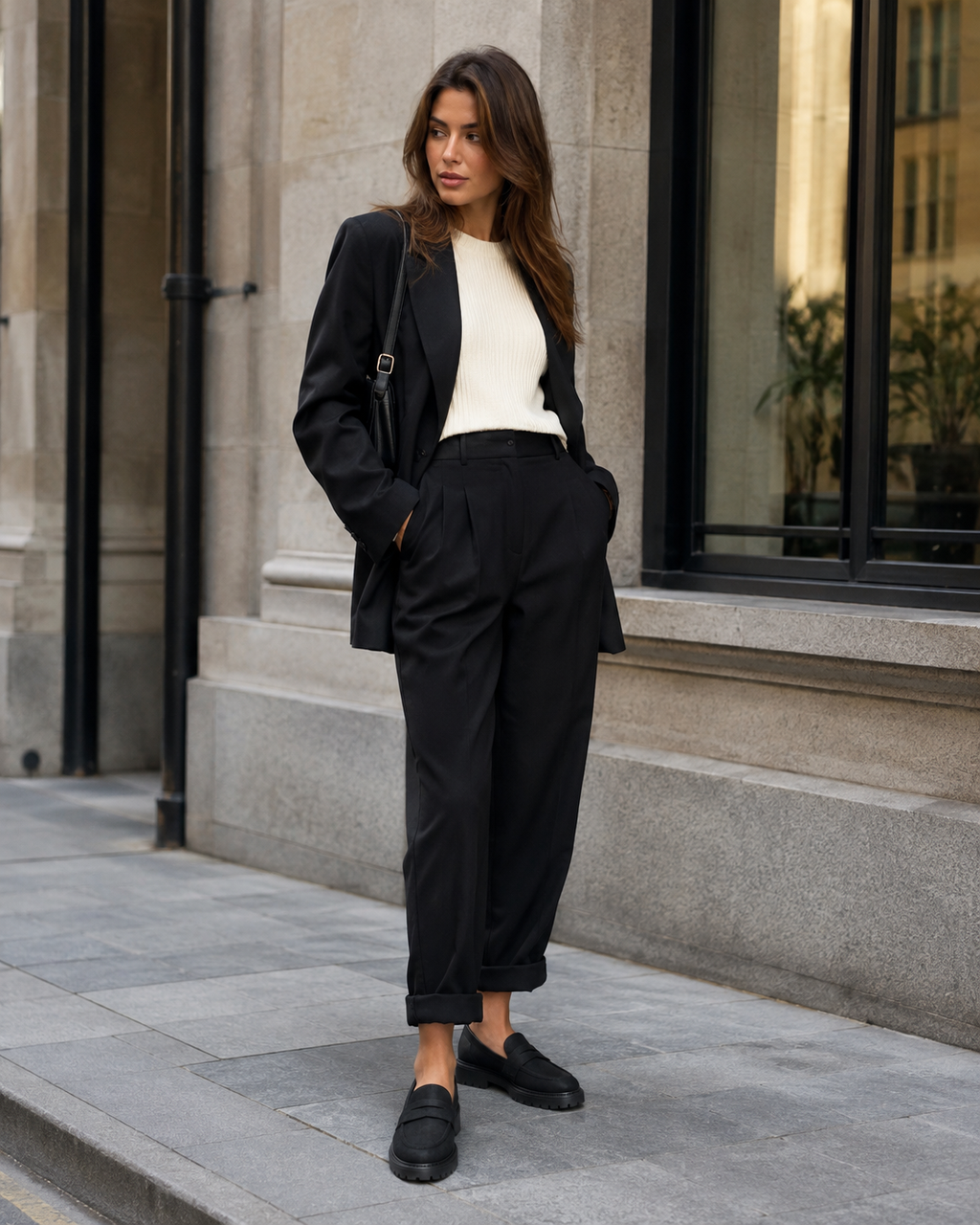 Black platform penny loafers styled with tailored trousers for a workwear look